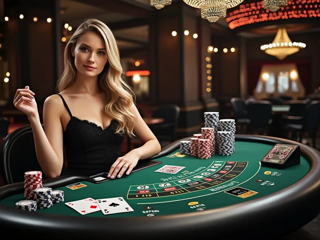 Tampilan ruang kasino live dengan dealer dan meja permainan