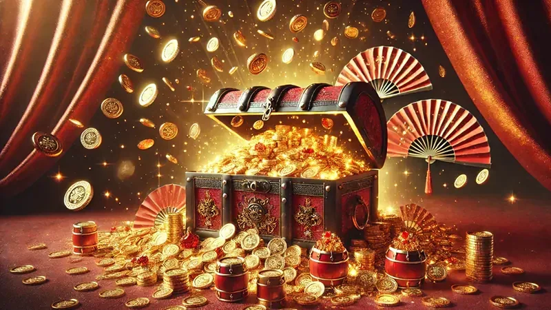 Layar slot video dengan simbol permainan dan susunan reel